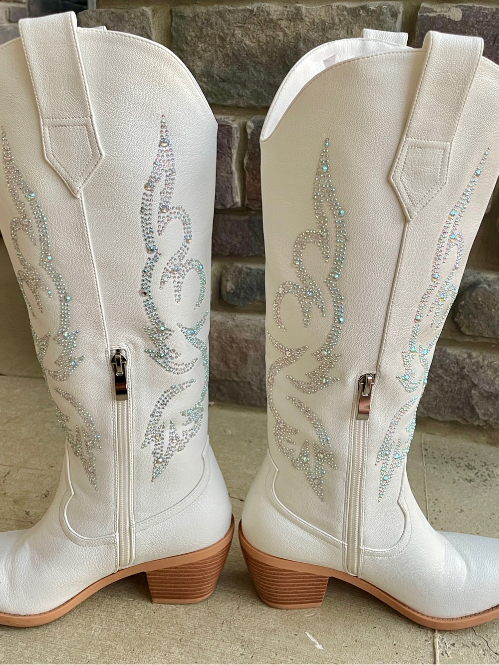 White Rhinestone Western Knee-High Boots - Women